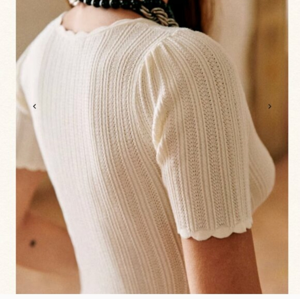 Sezane Cloe Jumper Medium Women's White Ribbed V Neck Top Blouse Shirt #20 - Picture 4 of 13